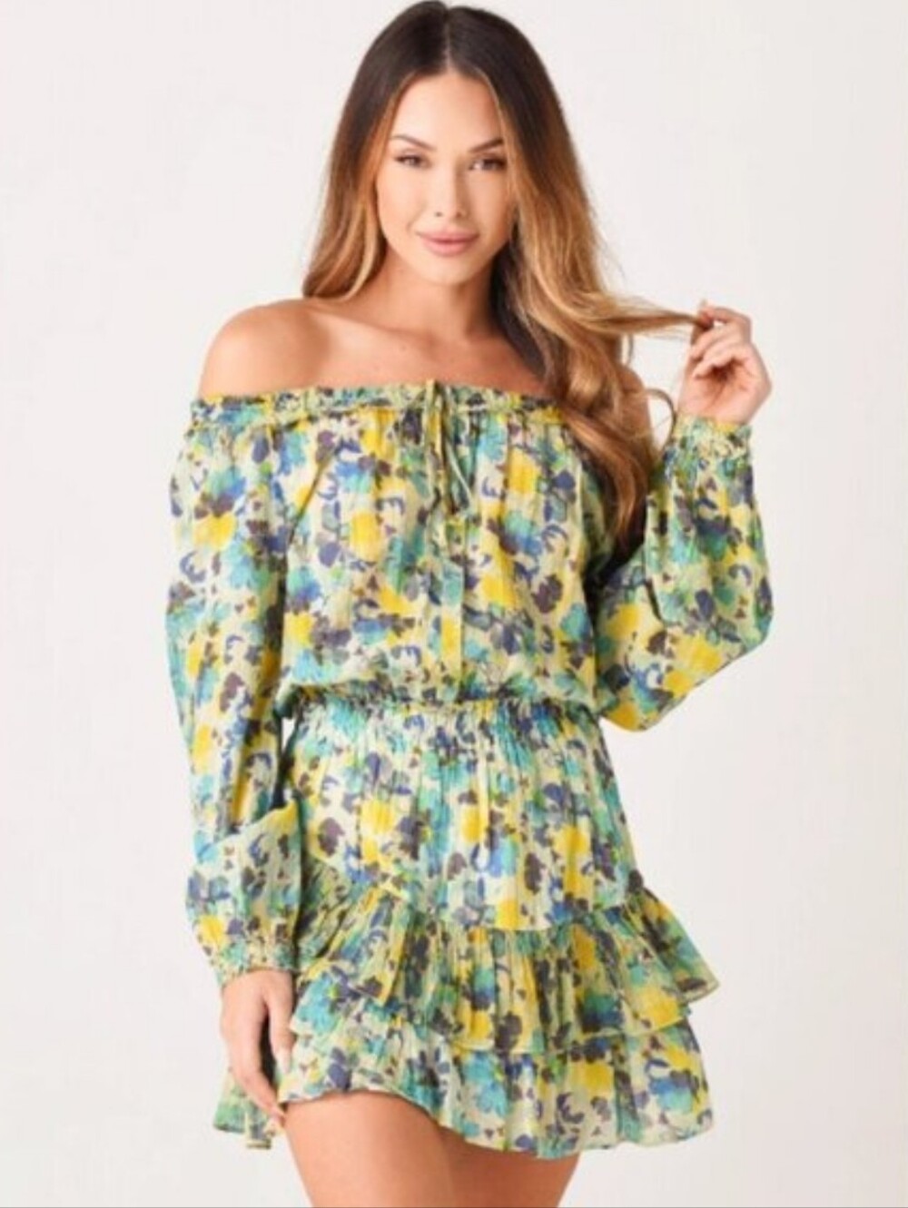 LoveShackFancy Yellow and Blue Floral Ruffle Dress Small